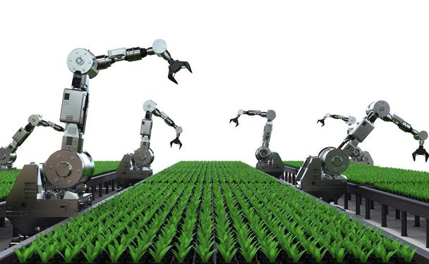 Landbouw technologie concept met robotarm in kas - Foto, afbeelding