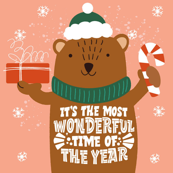 Its the most wonderful time of year. The bear with a gift in a hand. Great lettering for greeting cards, stickers, banners, prints and home interior decor. Merry Christmas and Happy new year 2021. - Vector, afbeelding