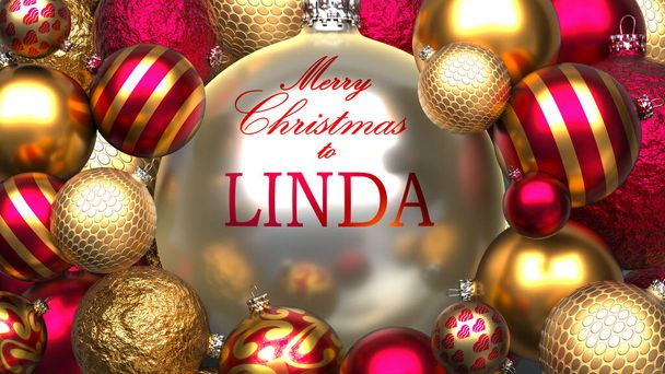 Biglietto di Natale per Linda per inviare calore e amore a un caro membro della famiglia con lucido, palle d'oro ornamento di Natale e auguri di Buon Natale a Linda, illustrazione 3d - Foto, immagini