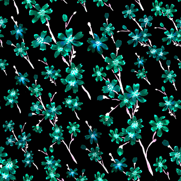 Seamless background pattern with neon emerald sakura twigs on black background - Foto, afbeelding