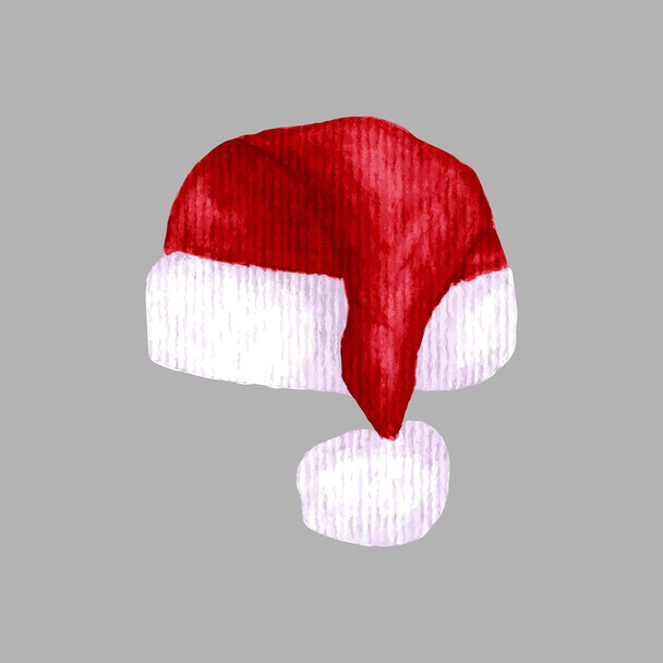 Kırmızı suluboya Noel Baba vektör şapkası. Yeni yıl çizimleri ve beyaz arka planda izole edilmiş noeller. 2021. - Vektör, Görsel