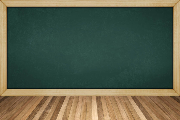 blackboard with wooden frame on wood floor , for background texture with copy space - Photo, Image
