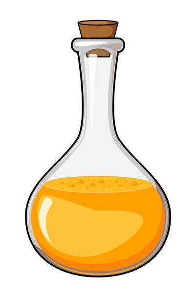 Elixir en botella de vidrio. Ilustración de poción mágica naranja aislada en blanco. Frasco con sustancia química con burbuja. Icono del vector de medicina o química. Alquimia o símbolo de laboratorio. Eps 10. - Vector, imagen
