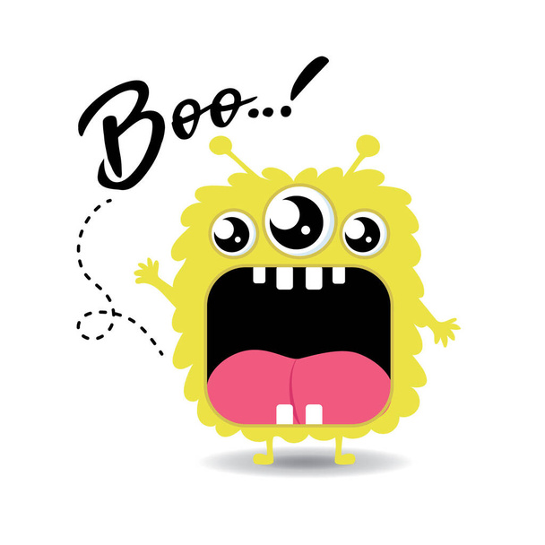 Nette gelbe Monster Vektor Illustration, Happy Halloween. Lustige niedliche Comic-Kawaii-Figur mit drei Augen. Furchteinflößend. Flaches Design. Babykollektion. Grußkarte, Sublimation, Poster usw. Isoliert - Vektor, Bild