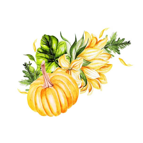 Watercolor bouquet with sunflower and pumpkins.  - Φωτογραφία, εικόνα