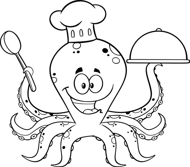 Schwarz-weiße Oktopus Chef Cartoon Character Servieren von Speisen in einem Splitter Platte. Raster-Illustration isoliert auf weißem Hintergrund - Vektor, Bild