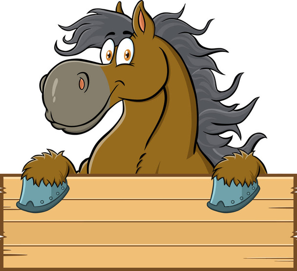 Carácter de dibujos animados de caballos sobre un letrero de madera en blanco. Ilustración vectorial aislada sobre fondo blanco - Vector, imagen