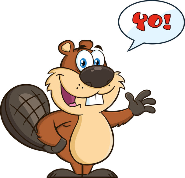 Beaver Cartoon Mascot Character Waving For Greeting With Speech Bubble And Text Yo! Vector Illustration Isolated On White Background - Vector, Image