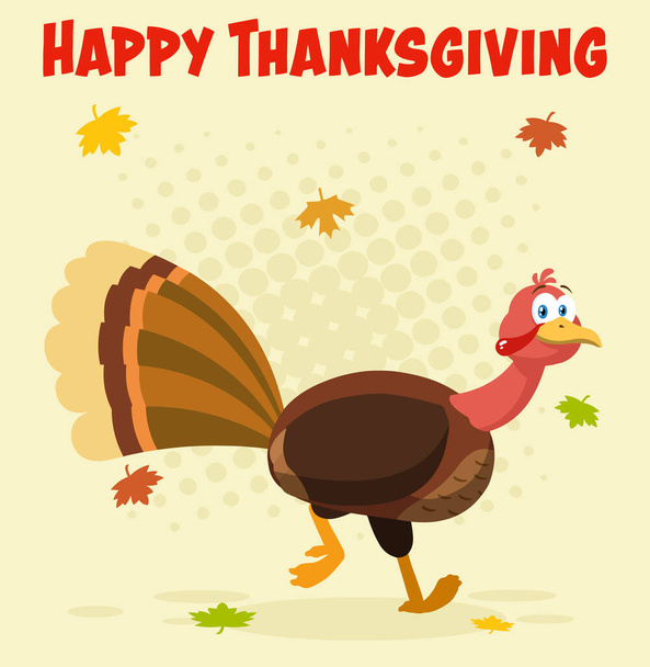 Thanksgiving Turkey Bird Cartoon Charakter läuft. Raster-Illustration mit Hintergrund und Text - Vektor, Bild