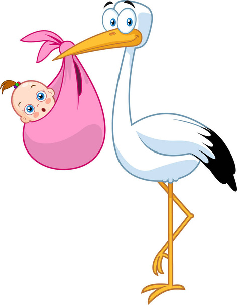 Stork Delivering A Newborn Baby Girl (en inglés). Ilustración de trama aislada sobre fondo blanco - Vector, Imagen