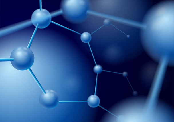Struktur Molekül Bild. Abstraktes futuristisches Mikromolekül mit Kugel auf blauem Hintergrund. - Vektor, Bild