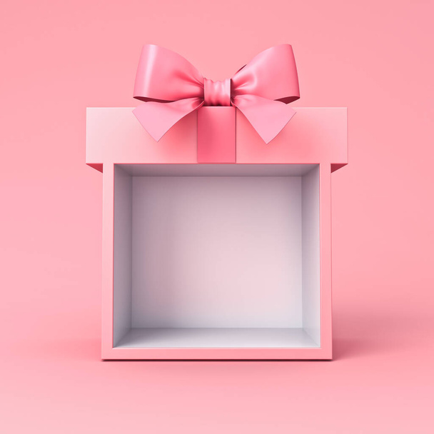 Sweet výstavní stánek prázdný dárkový box stojan s růžovou pastelovou barvou stuha luk izolované na růžovém pozadí minimální konceptuální 3D vykreslování - Fotografie, Obrázek