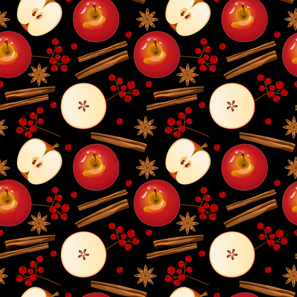 Mele rosse, bastoncini di cannella, fette di mela, bacche rosse su sfondo nero. Bevanda al vin brulè. Modelli senza soluzione di continuità per il vostro design. Sfondo per tessuto. Grafica vettoriale - Vettoriali, immagini