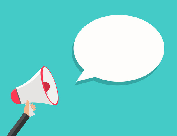 Speech bubble with megaphone icon. Blank message sign with voice speaker. Attention icon with blank box. Hand with loud speaker. Announce promotion with text field. Isolated. Vector EPS 10. - Vector, Image