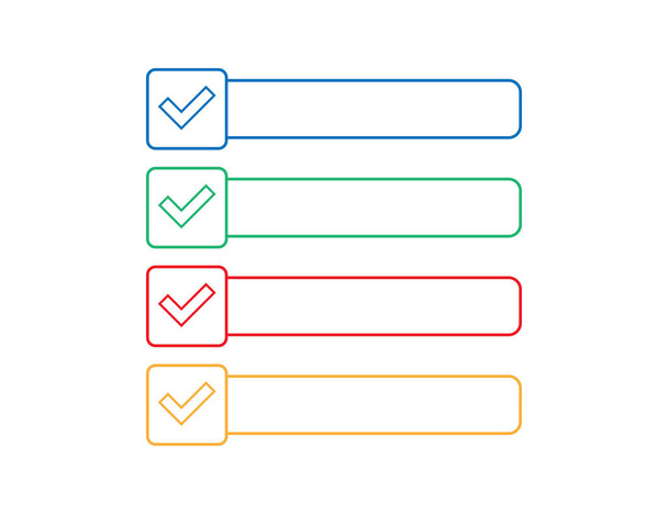 Check mark with empty box. Red, blue, green and yellow checklist. Isolated vote square window. Ok and yes tick in outline design. Transparent label. Feedback survey box. Vector EPS 10. - Vector, Image