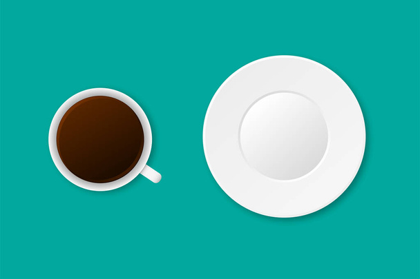 Realistische kop koffie en een wit bord. Klassieke latte met lege schotel. Geïsoleerde ochtend illustratie met mokka of thee mockup. Keramische plaat en beker. Vector EPS 10. - Vector, afbeelding