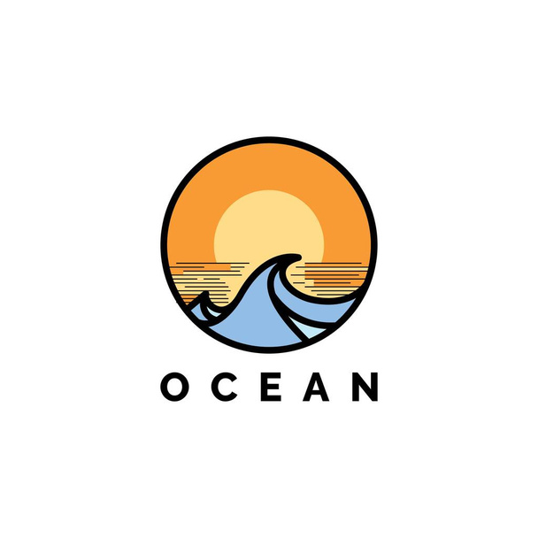 Océano onda con la ilustración del atardecer logotipo diseño vector plantilla - Vector, Imagen