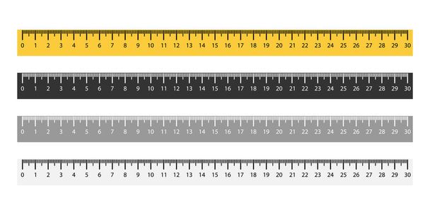 Набор линейки метрических измерений в желтых и черных цветах. Изолированный инструмент для измерения от 1 до 30 см. Горизонтальное рулетка со знаком мм. Математический прибор измерения расстояния. Векторная EPS 10. - Вектор,изображение