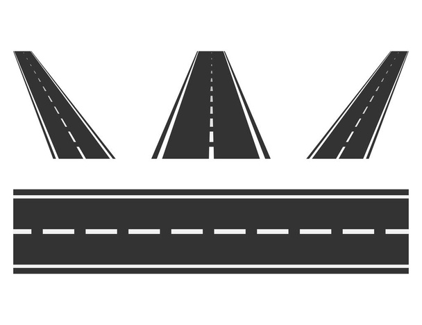 上からの道のセット。孤立アスファルト高速道路。直線と斜めのルートの視点。フラットデザインで黒の色で高速道路。レーシングカーのための道路標識。ベクトルEPS 10. - ベクター画像