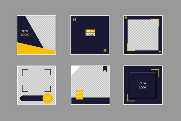 Set of editable square banners. Social media poster template in black and yellow. Square frame with transparent background. Isolated booklet mockup. New look flyer. Sale collection. EPS 10. - ベクター画像
