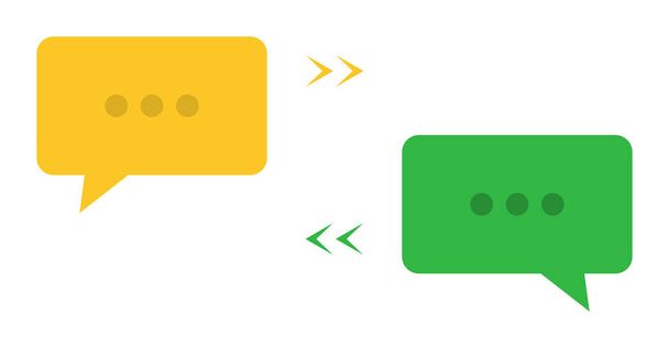 Keskustelukupla. Chat dialogi keltainen ja vihreä. Tekstiviestin kuvake tasaisella valkoisella pohjalla. Eristetty chat kupla symboli nuolilla. Keskustelubalooneja. Puhemalli. EPS 10. - Vektori, kuva