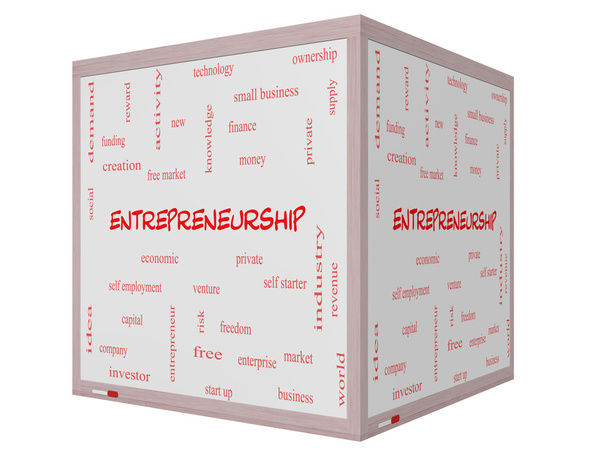 Entrepreneurship-Word-Cloud-Konzept auf einem 3D-Würfel-Whiteboard - Foto, Bild