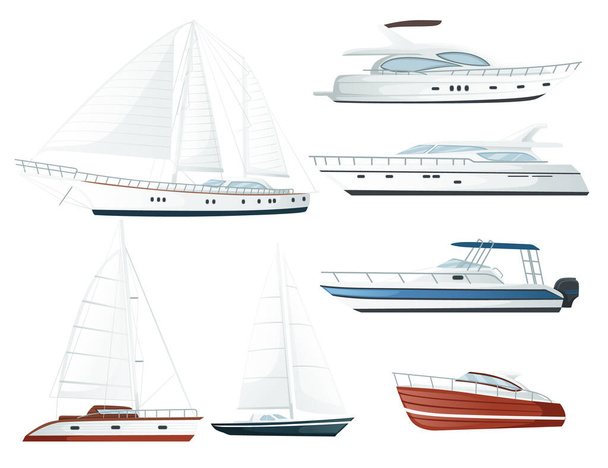Conjunto de yate de motor moderno barco con velas y motores plana vector ilustración sobre fondo blanco - Vector, imagen
