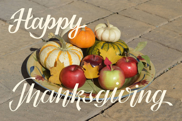Joyeux Thanksgiving lettrage à la main avec un fond photo avec des pommes de récolte d'automne, des citrouilles et des feuilles d'érable dans un plat élégant sur des briques terreuses chaudes. Salutations d'automne. Carte d'action de grâce - Photo, image