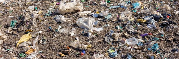 Plastic bags and bottles in a landfill. Unauthorized release of garbage, pollution of nature. The concept of environmental disaster. - Photo, Image