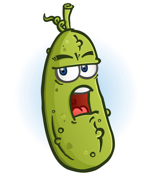 Een groene sappige dille augurk cartoon karakter met een chagrijnig chagrijnig gezicht  - Vector, afbeelding