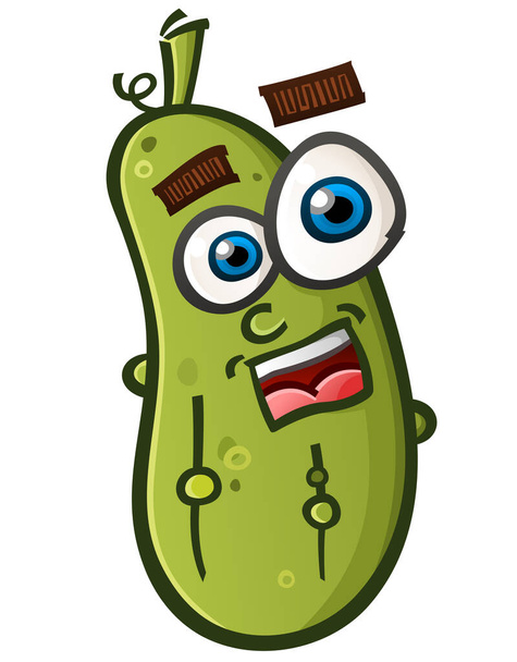 A happy smiling pickle cartoon character with a curly vine and thick eyebrows - Vetor, Imagem