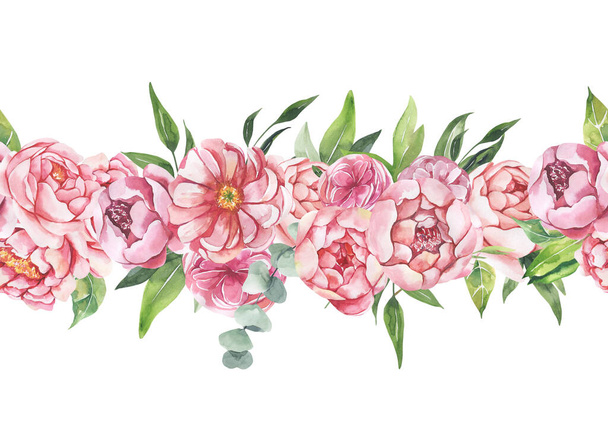 Watercolor floral illustration - seamless border with flowers and leaves for wedding stationary, greetings, wallpapers, background. Roses,peonies green leaves. - Photo, image