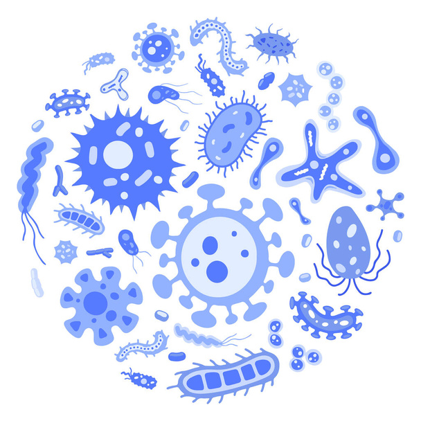 Colección vectorial de ilustraciones de virus planos y microbios en círculo. Conjunto de iconos bacterianos. Coloridas amebas de dibujos animados y bacilos. Hermosa colección de microorganismos. Concepto de placa Petri. - Vector, Imagen