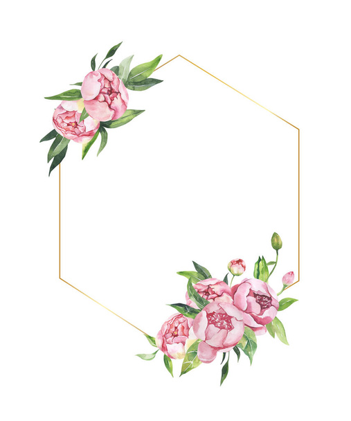 Watercolor floral illustration - leaves and branches frame with flowers and leaves for wedding stationary, greetings, wallpapers, background. Roses,peonies green leaves. - Fotó, kép
