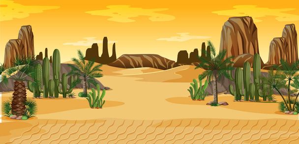 ヤシやサボテンの自然風景のイラストと砂漠 - ベクター画像