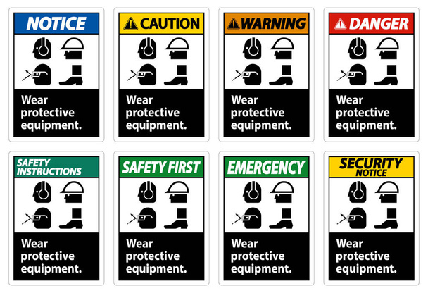 Draag beschermende uitrusting, met PPE-symbolen op witte achtergrond, vectorafbeeldingen  - Vector, afbeelding