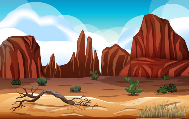 Desert with rock mountains landscape at day scene illustration - Vector, Image