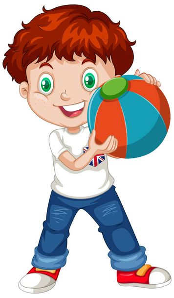 Милий хлопчик тримає ілюстрацію кольорового м'яча
 - Вектор, зображення