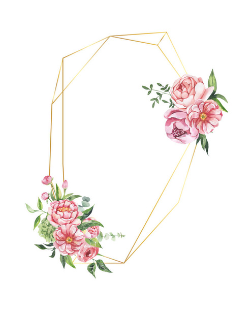 Υδατογραφία floral εικονογράφηση - φύλλα και κλαδιά πλαίσιο με λουλούδια και φύλλα για το γάμο σταθερό, χαιρετισμούς, ταπετσαρίες, φόντο. Τριαντάφυλλα, παιώνιες πράσινα φύλλα. - Φωτογραφία, εικόνα
