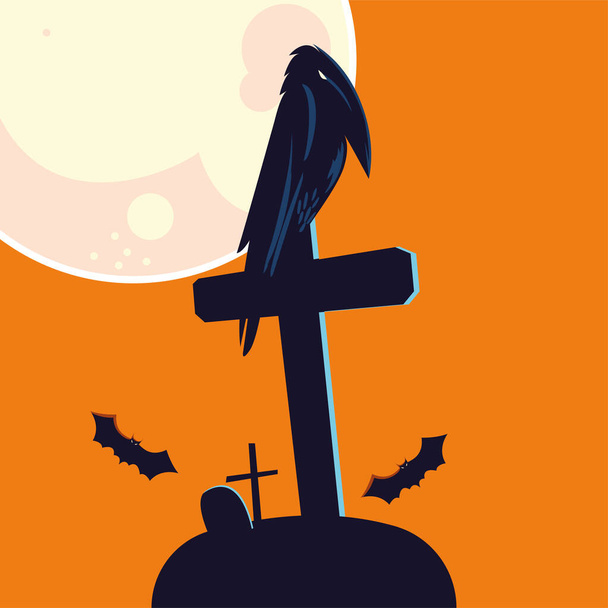 Halloween-Rabe Cartoon auf Grabvektor-Design - Vektor, Bild