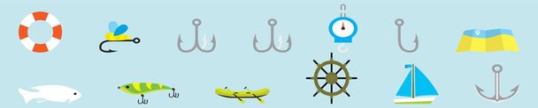 set of fishing element icon design template with various models. vector illustration isolated on blue background - Vector, Image