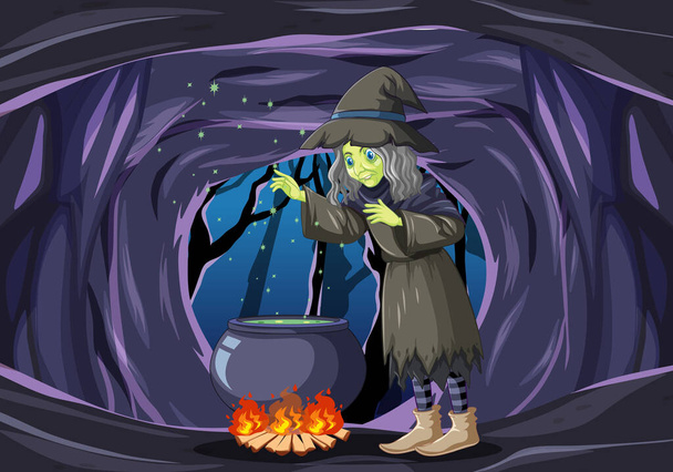Волшебник или ведьма с волшебным горшком на иллюстрации сцены в темной пещере - Вектор,изображение