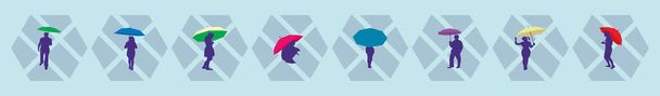 Şemsiye karikatür ikonu tasarım şablonu olan bir grup insan ve çeşitli modeller. Mavi arkaplanda izole edilmiş vektör illüstrasyonu - Vektör, Görsel