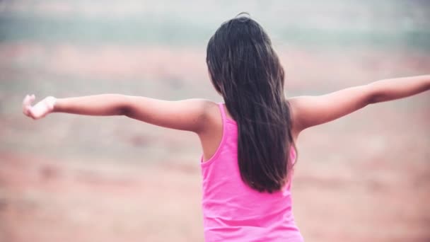 Chica joven gana los brazos abiertos mirando panorama en el parque nacional - Metraje, vídeo