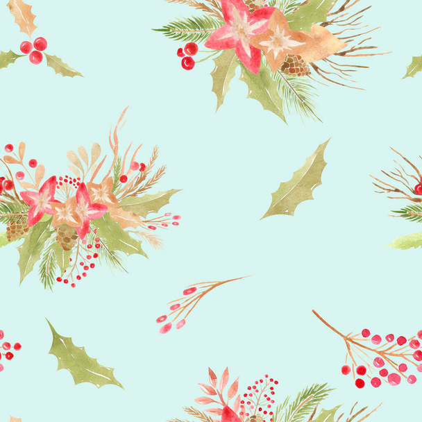 Seamless pattern of winter floral elements. Christmas wedding bouquet berries branches flowers leaves on blue background - Photo, Image