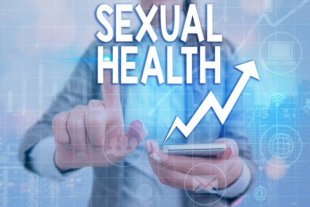 Writing note showing Sexual Health. Business photo showcasing Ability to embrace and enjoy sexuality throughout our lives Arrow symbol going upward showing significant achievement. - Photo, Image