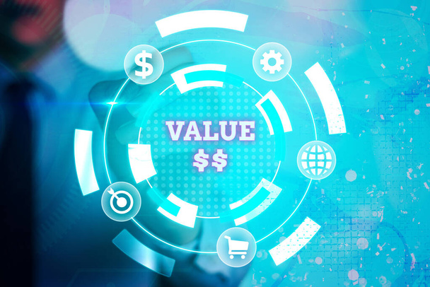Írócetli az Value Dolar-ról. Business photo bemutató értéke a folyamat azonosítója a jelenleg futó folyamat Információs digitális technológiai hálózat infografikai elemek. - Fotó, kép