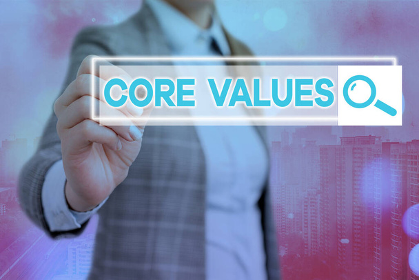 Text sign showing Core Values. Conceptual photo belief an individual or organization views as being importance Web search digital information futuristic technology network connection. - Photo, Image
