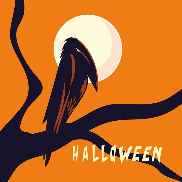 Halloween corbeau dessin animé sur arbre vectoriel design - Vecteur, image