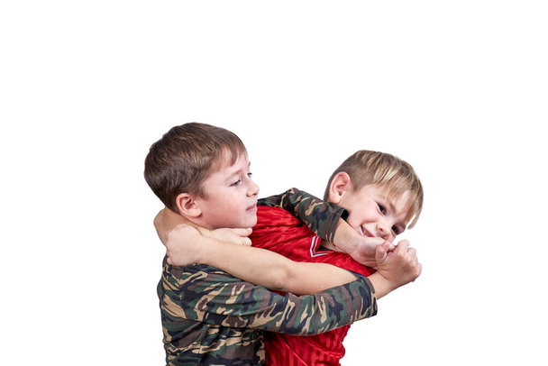 Over white isolated background two sportsmen perform self defense techniques - Photo, Image